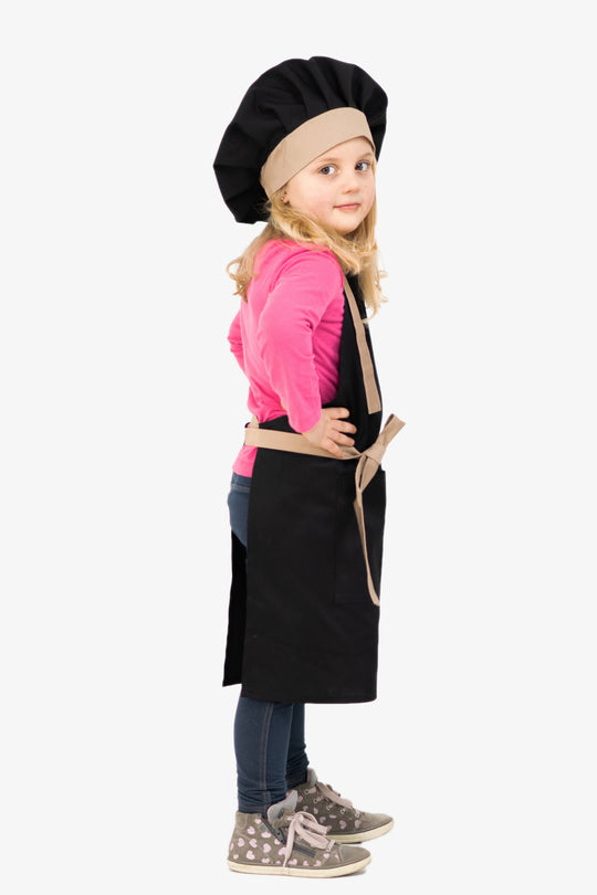 Latte Junior Apron + Toque Set 7-12 Years – Black with Beige
