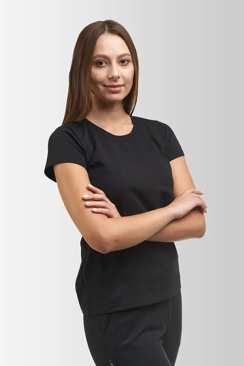 Woman wearing a black VSETEX work T-shirt