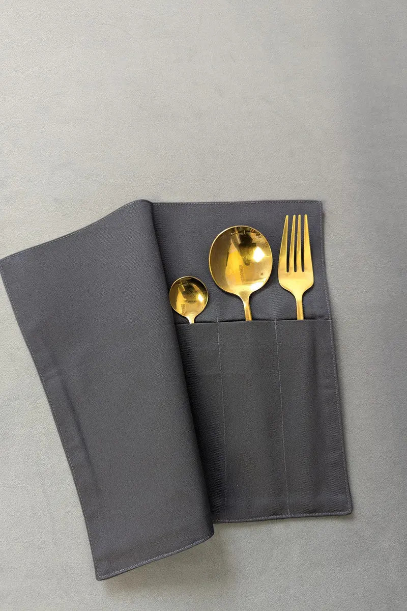 Grey textile cutlery pouches for restaurant table service