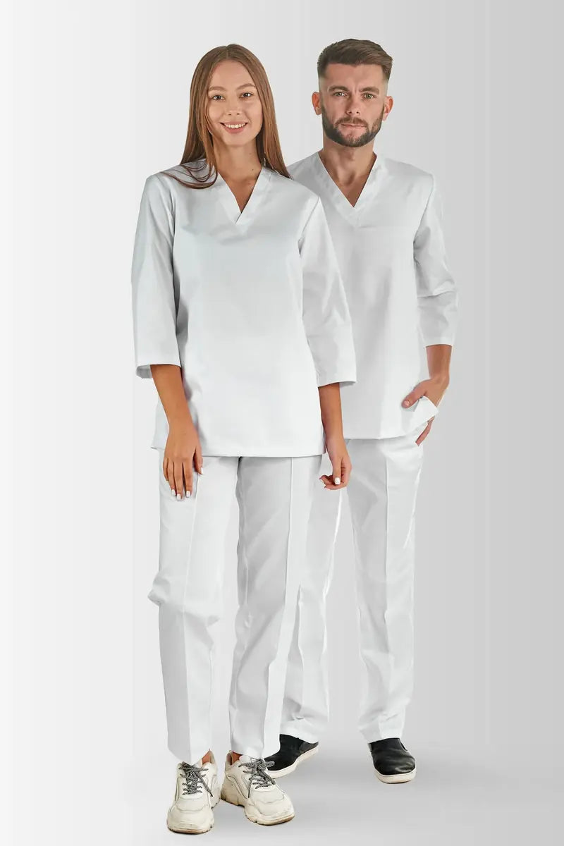 Woman and man wearing white VSETEX professional uniforms