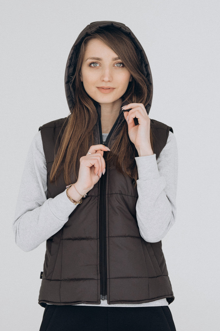 Puffer Hooded Women’s Vest – Dark gray