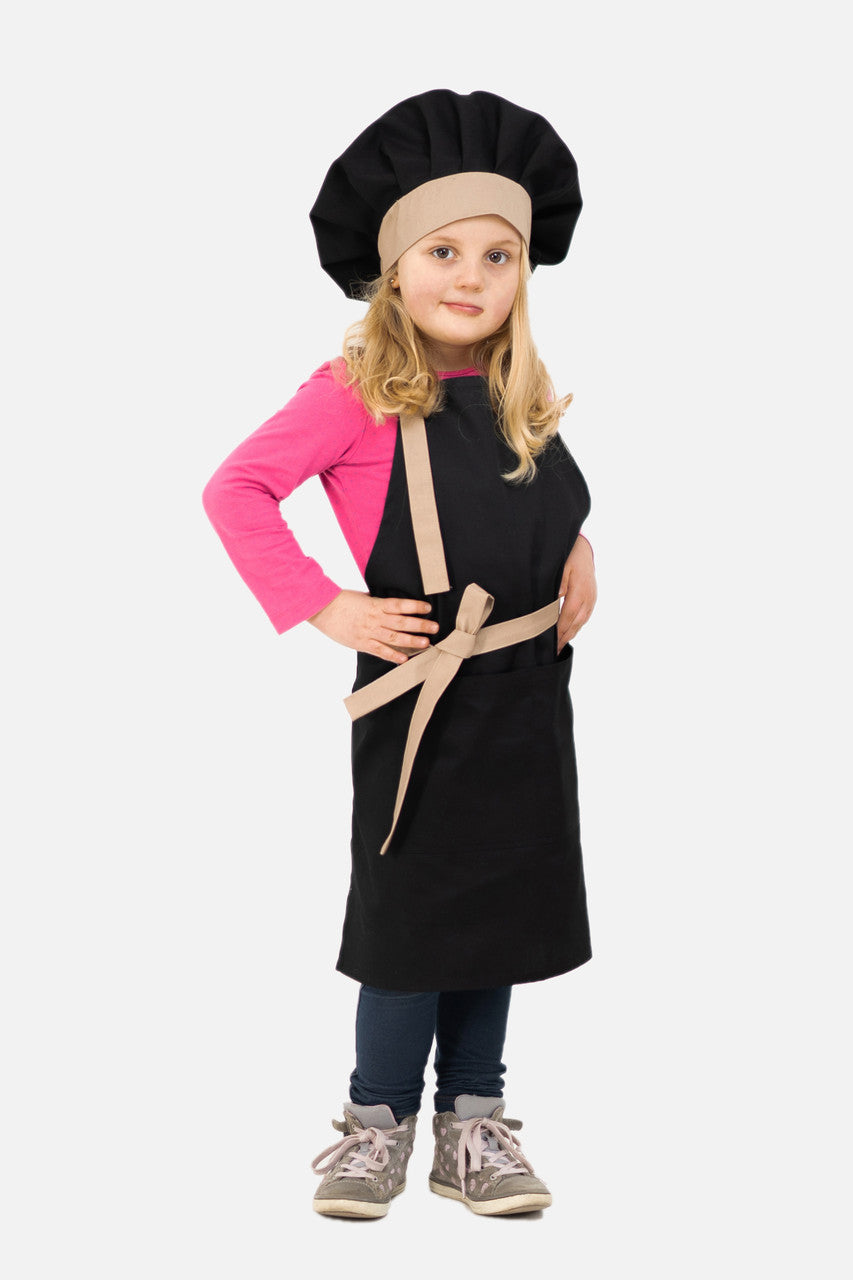 Latte Junior Apron + Toque Set 7-12 Years – Black with Beige