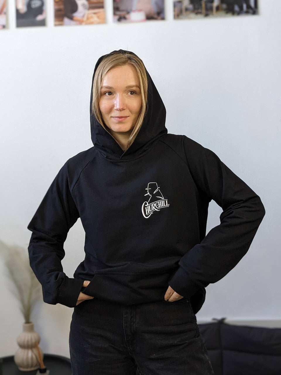 Slim Lightweight Hoodie with Logo – Black/White