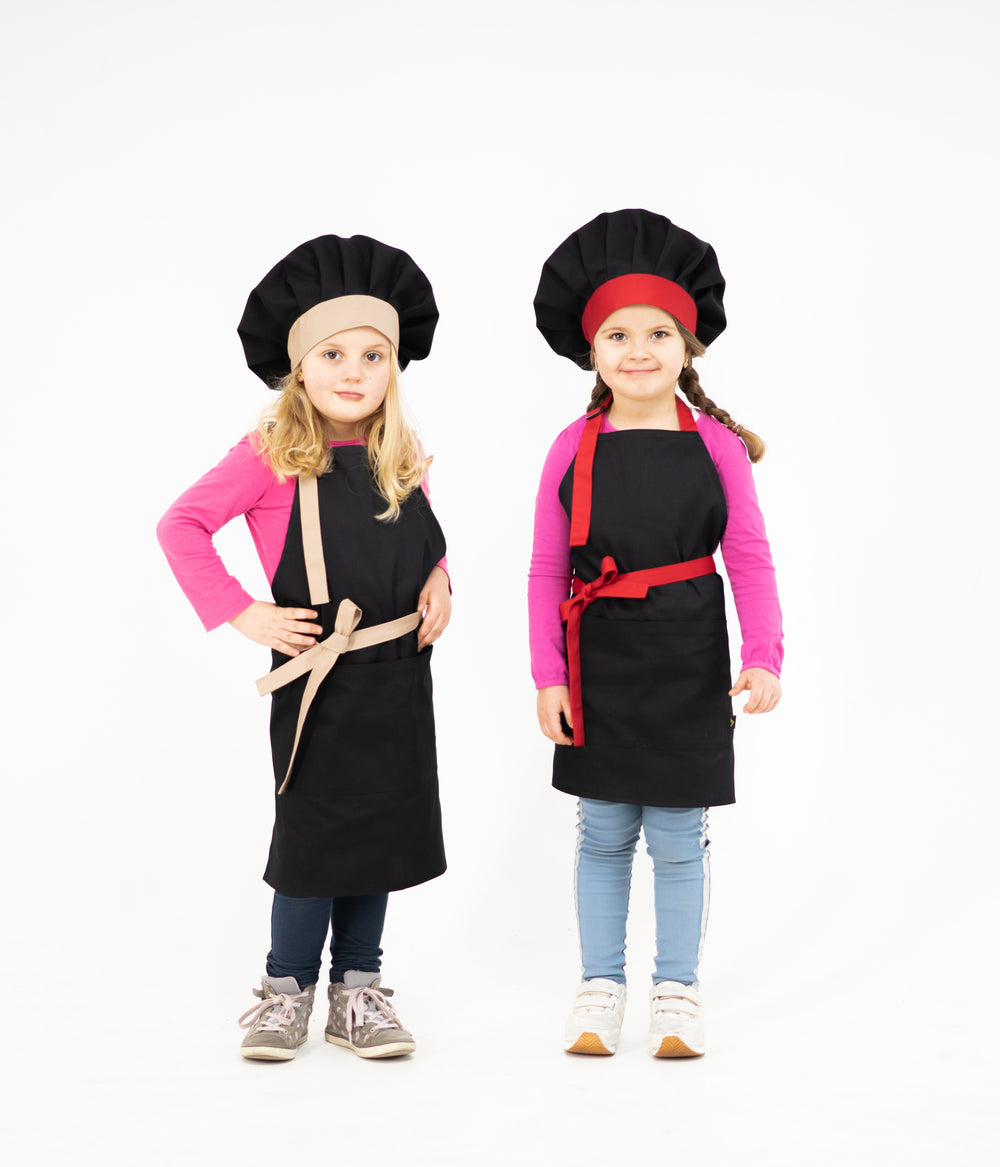 Latte Kids Children’s Apron + Toque Set 5-7 Years – Black with Red