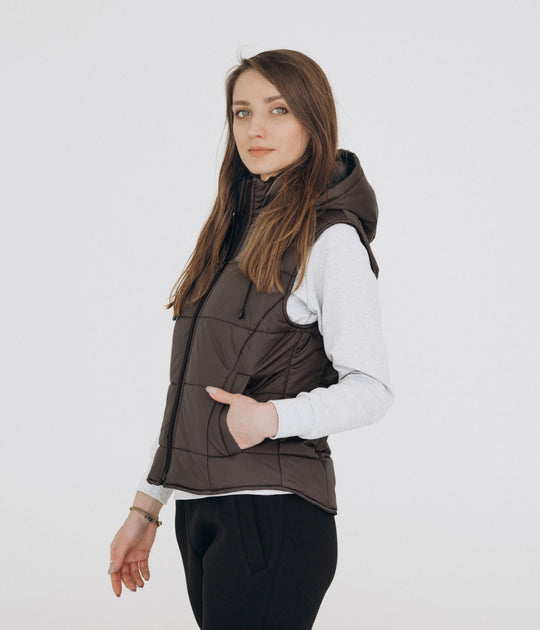 Puffer Hooded Women’s Vest – Dark grey