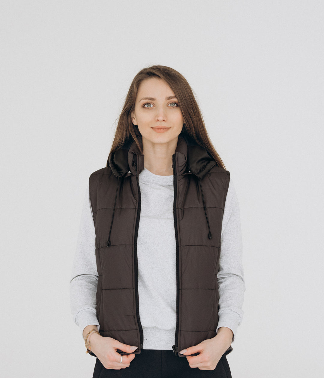 Puffer Hooded Women’s Vest – Dark grey