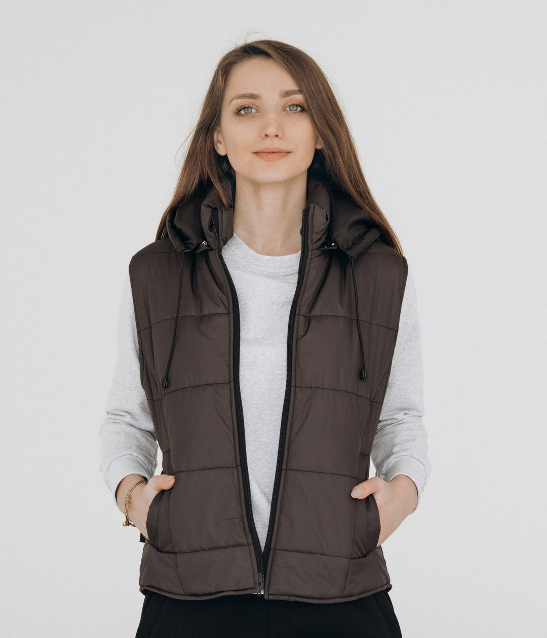 Puffer Hooded Women’s Vest – Dark grey