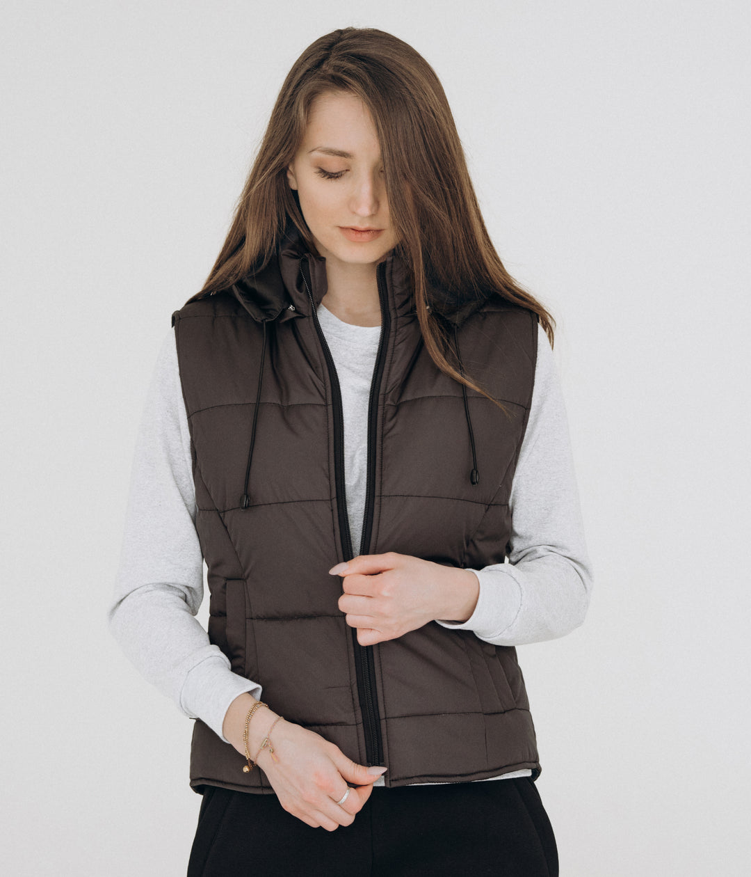 Puffer Hooded Women’s Vest – Dark grey