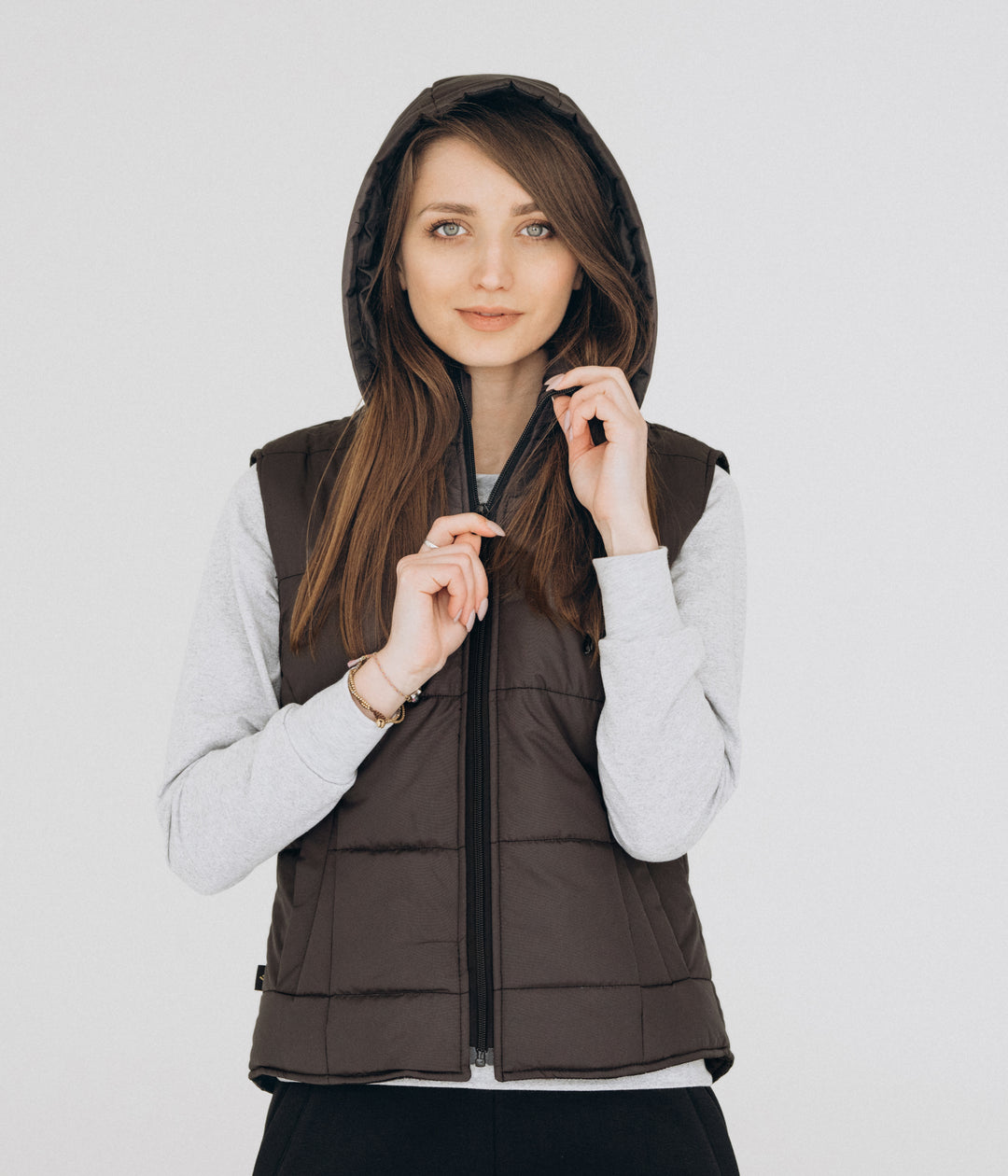 Puffer Hooded Women’s Vest – Dark grey