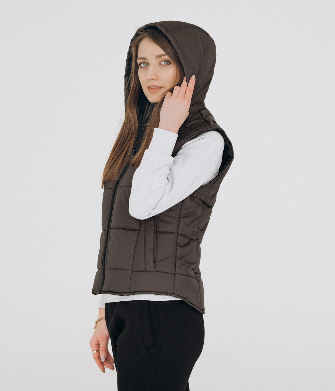 Puffer Hooded Women’s Vest – Dark grey