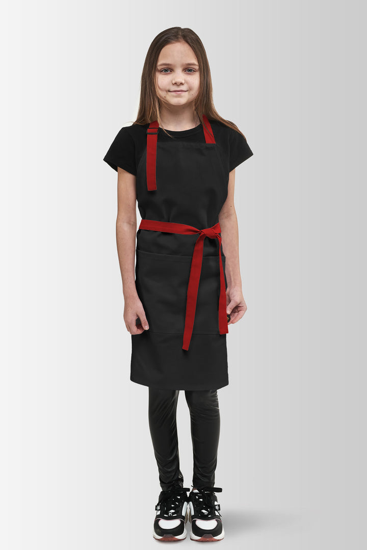 Kids Bib Apron Latte Junior – Black with Red, Ages 7–12