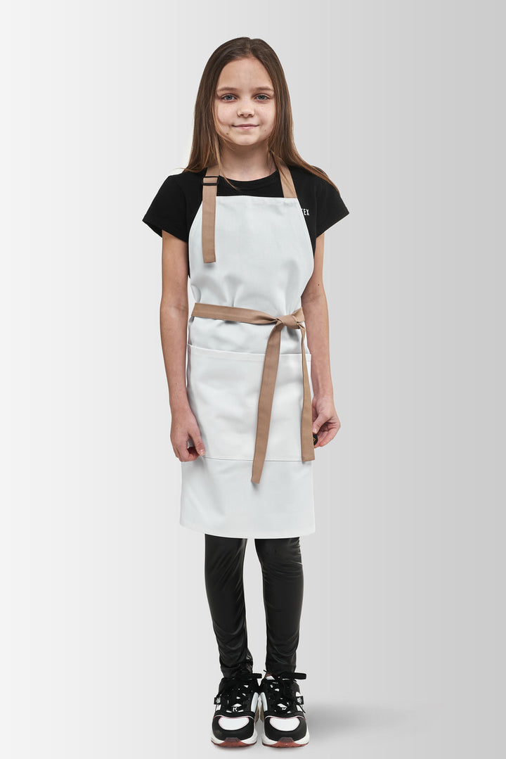Kids Bib Apron Latte Junior – White with Beige, Ages 7–12