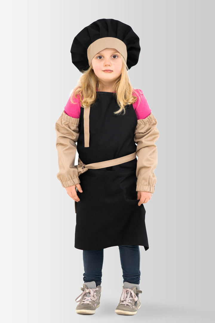 Kids Apron, Chef Hat & Sleeve Cover Set Latte Junior – Black with Beige, Ages 7–12