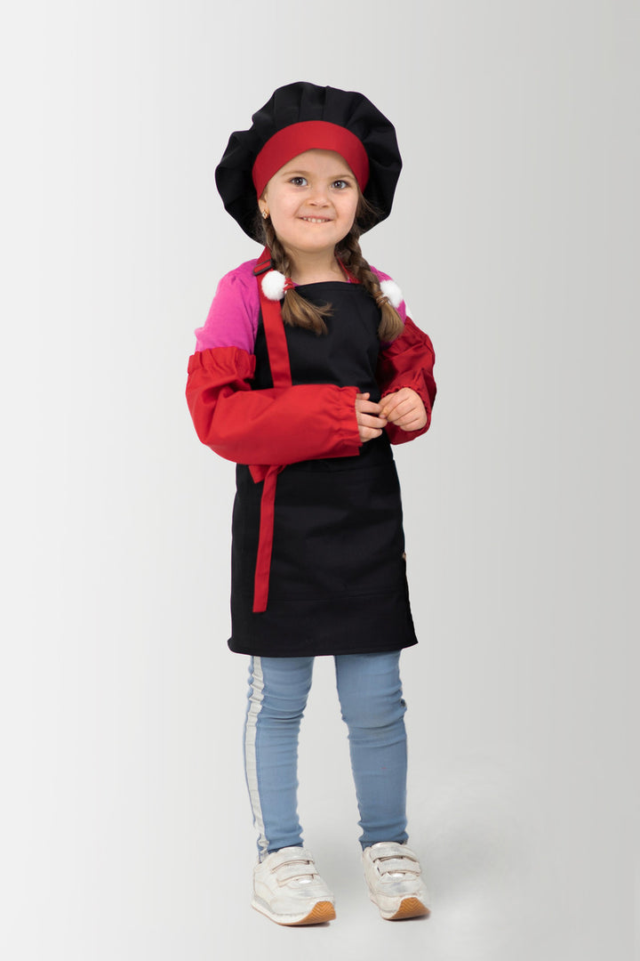 Kids Apron, Chef Hat & Sleeve Cover Set Latte – Black, Ages 5–7
