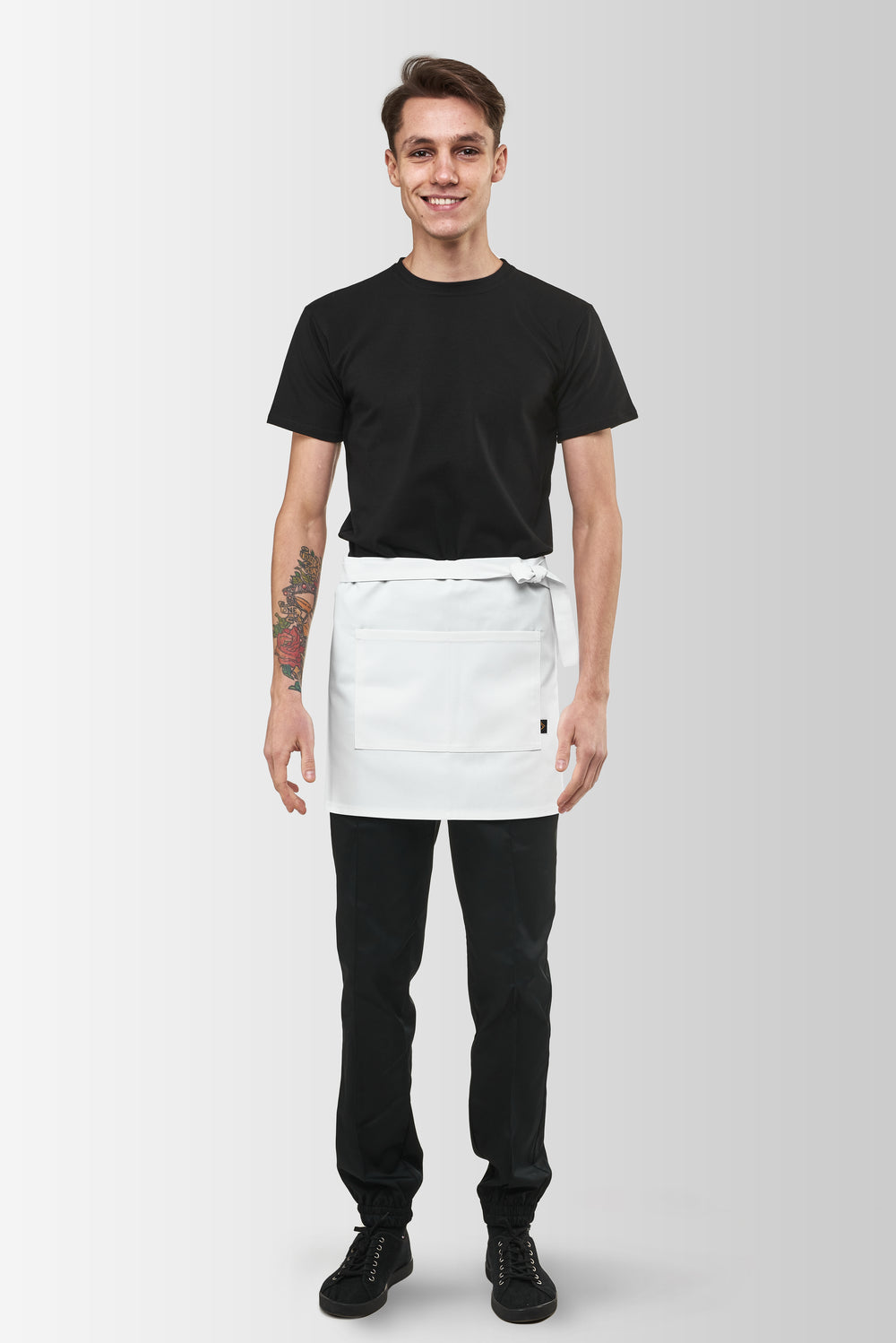 White Berry short waist apron worn by a male model, front view