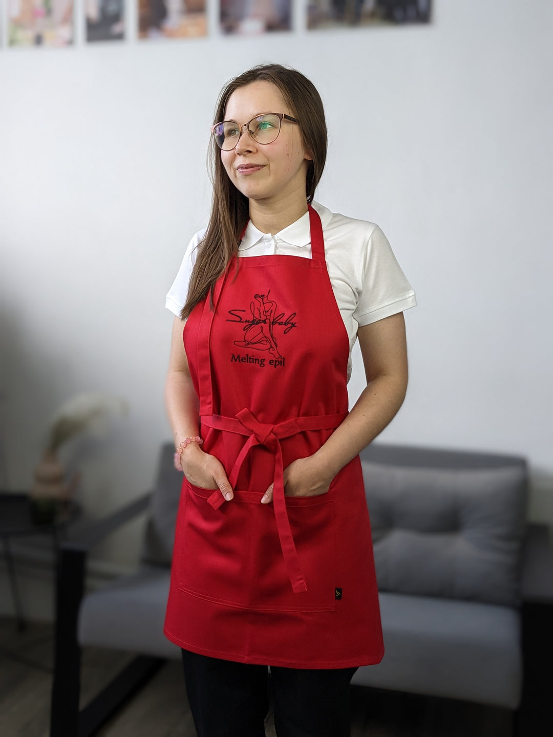 Apron Latte with branding 10" | Embroidery Red