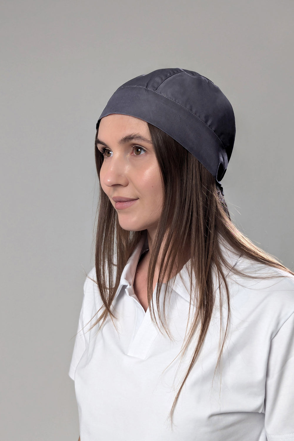 Gray chef bandana worn by a model, side view