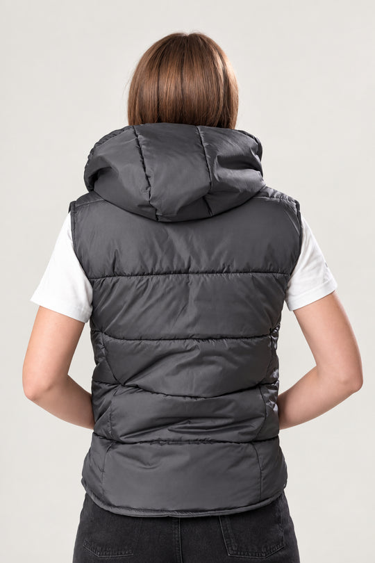 Puffer Hooded Women’s Vest – Dark gray