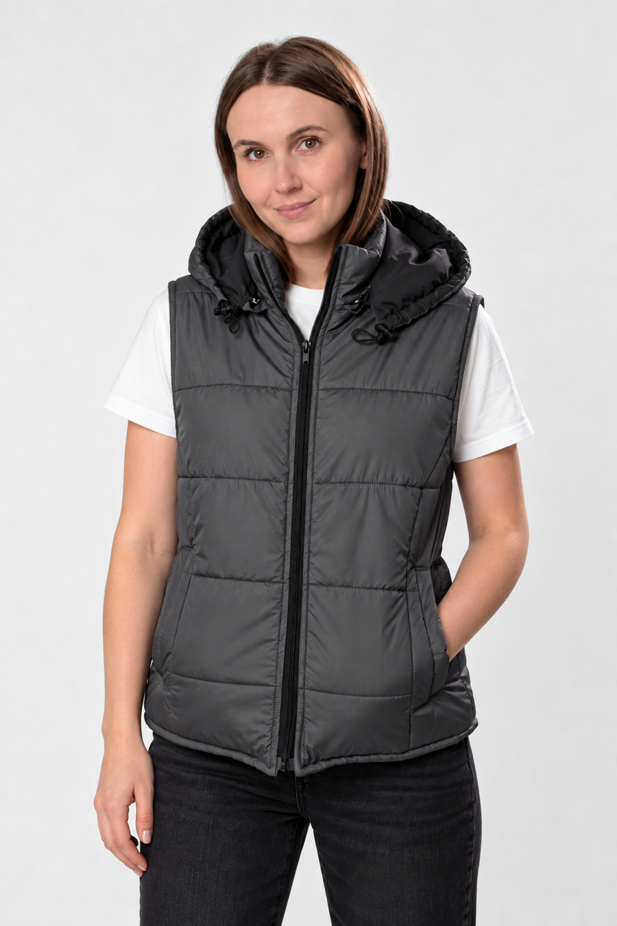 Puffer Hooded Women’s Vest – Dark gray