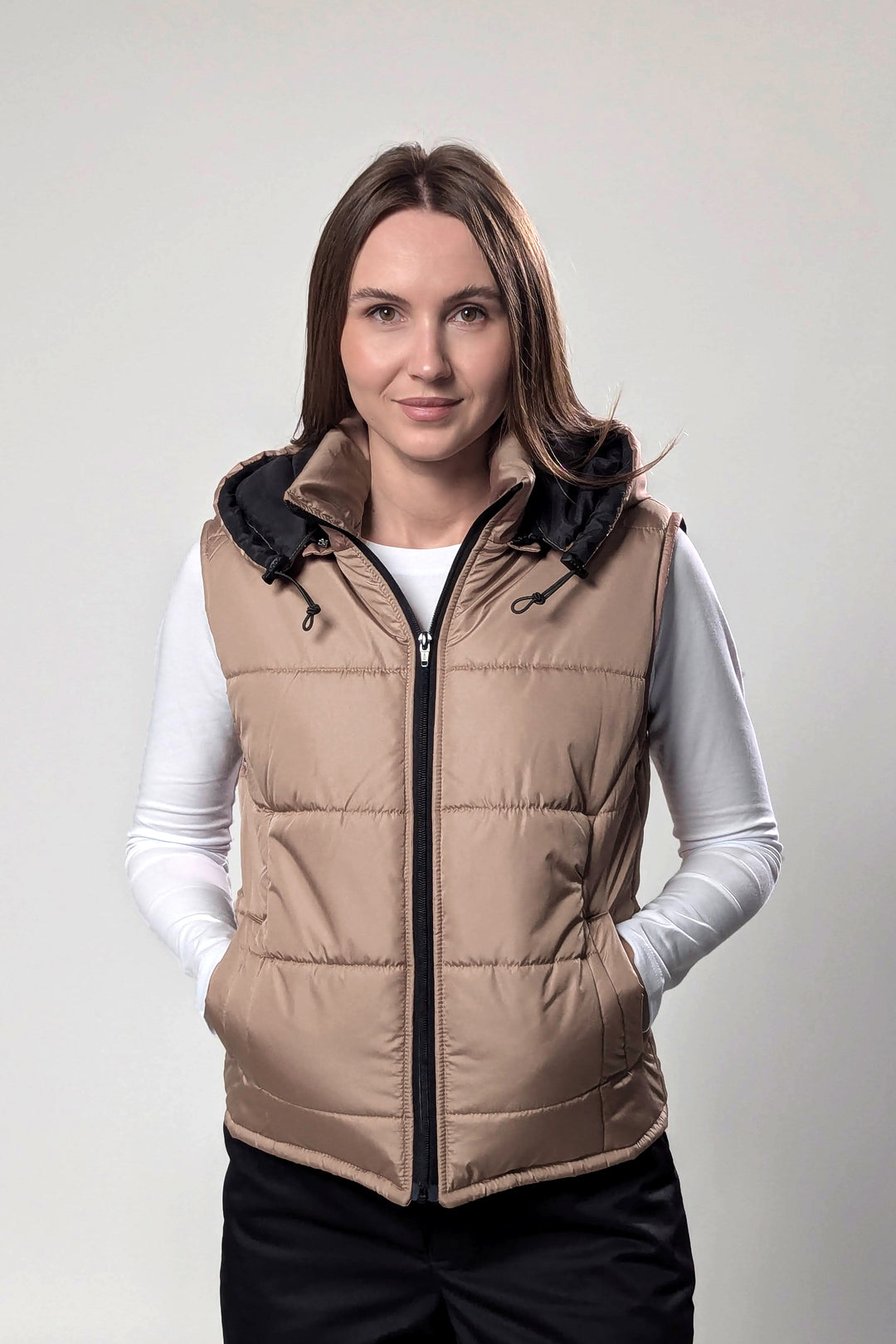 Puffer Hooded Women’s Vest – Beige