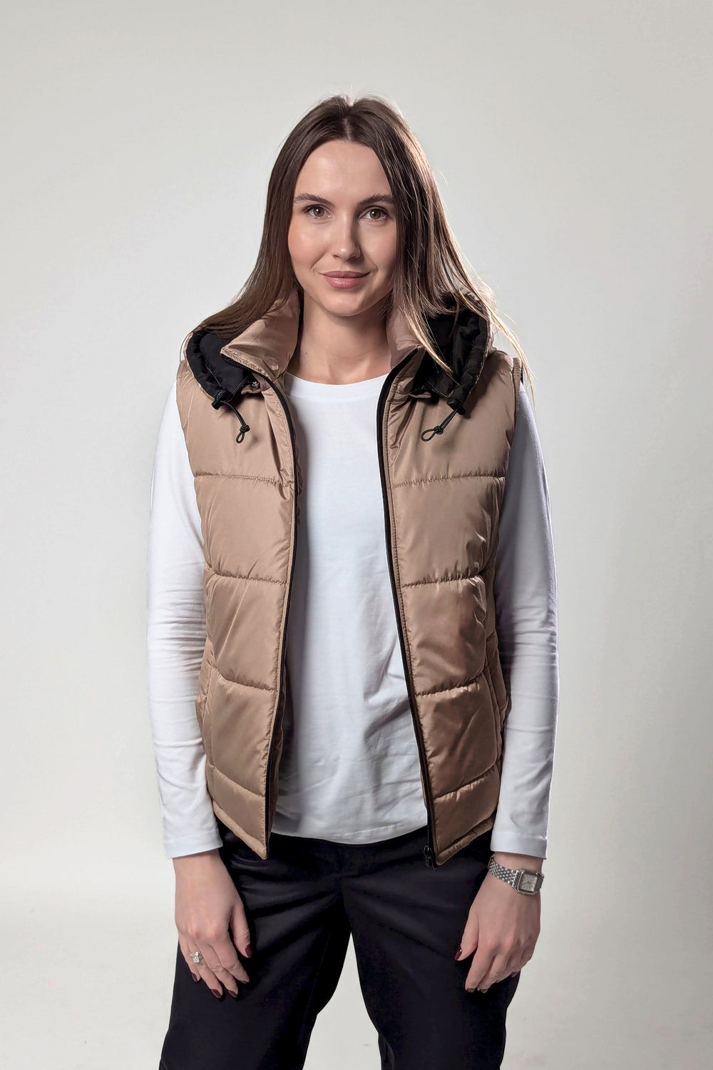Puffer Hooded Women’s Vest – Beige