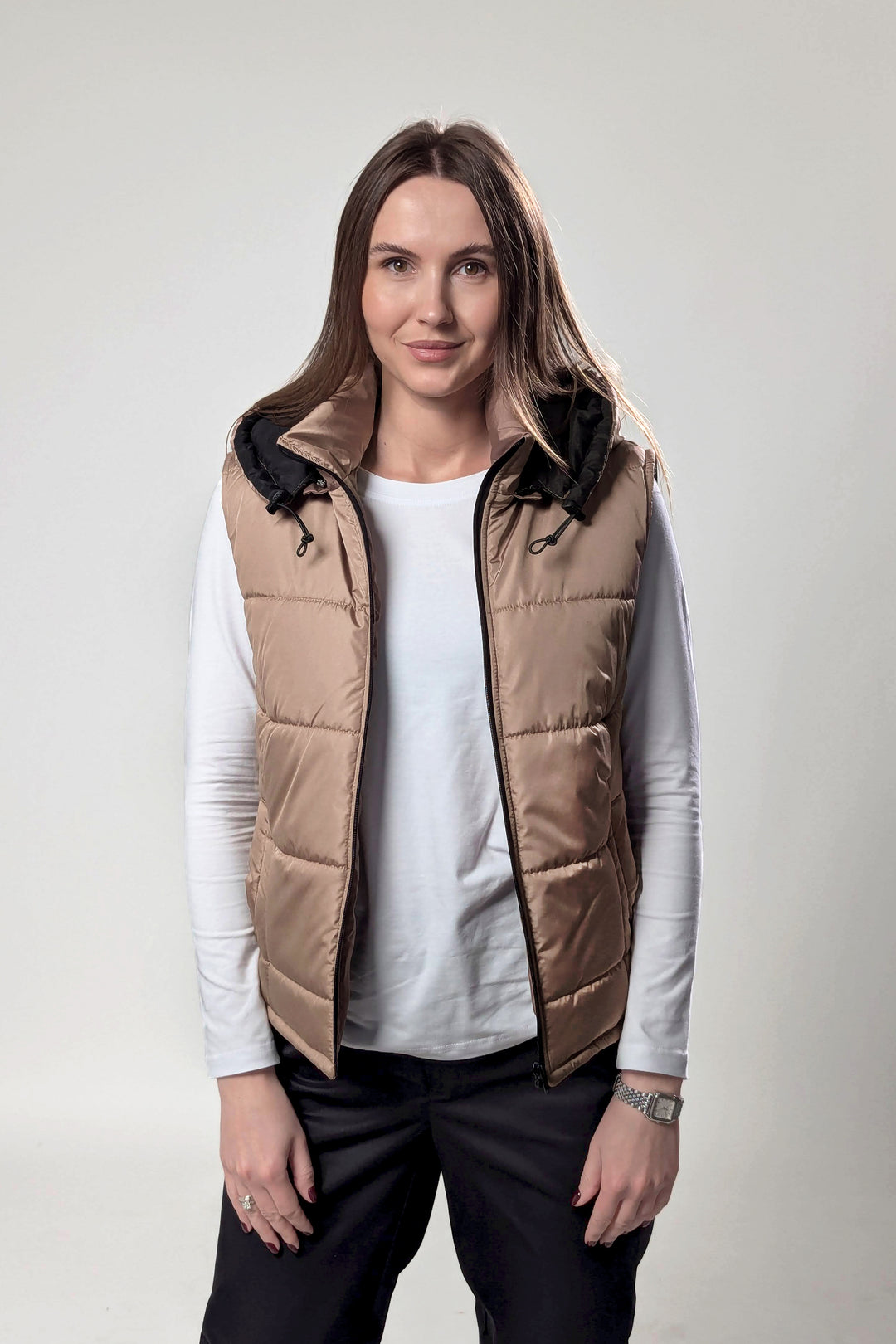 Puffer Hooded Women’s Vest – Beige