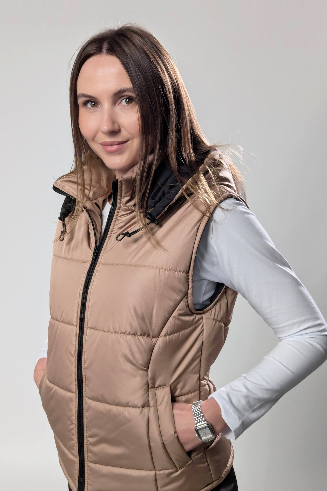 Puffer Hooded Women’s Vest – Beige