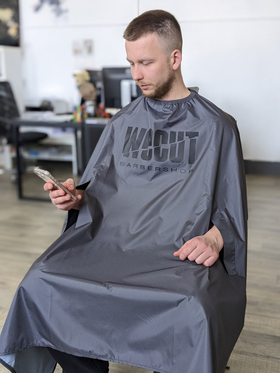 Hairdressing gown with your logo 25 cm, with armholes Dark grey