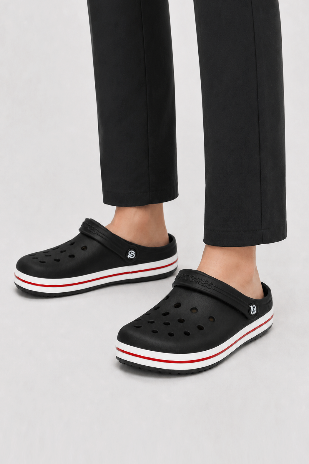 Black PROGRES men’s work clogs, three-quarter view