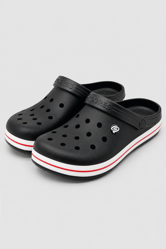 Black men’s work clogs worn with black work pants