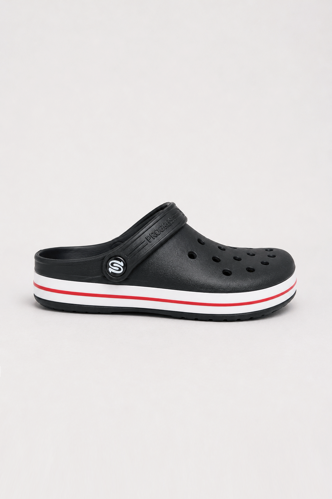 A single black Croc-style clog shoe with a white midsole stripe and a thin red accent line, shown from the side against a light gray background.