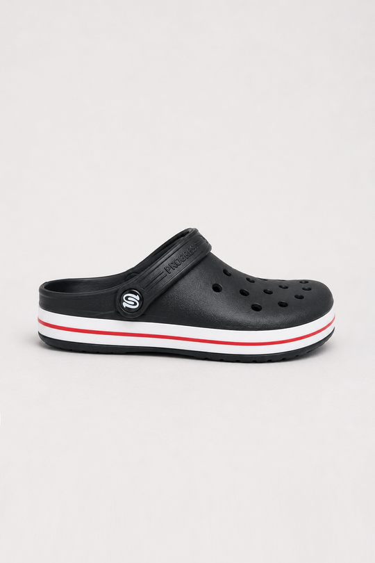 A single black Croc-style clog shoe with a white midsole stripe and a thin red accent line, shown from the side against a light gray background.