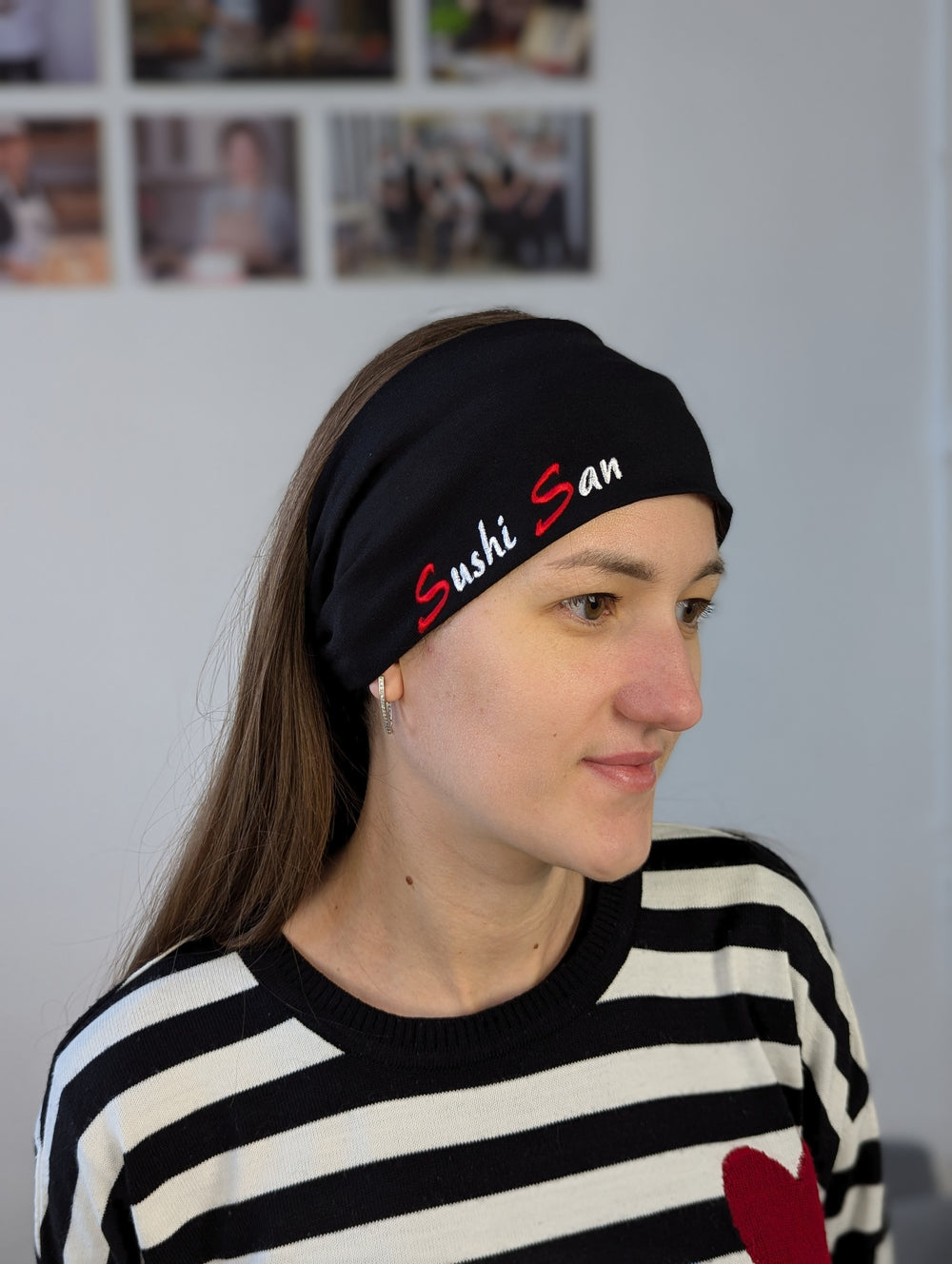 black VSETEX chef headband worn by a model, three-quarter view