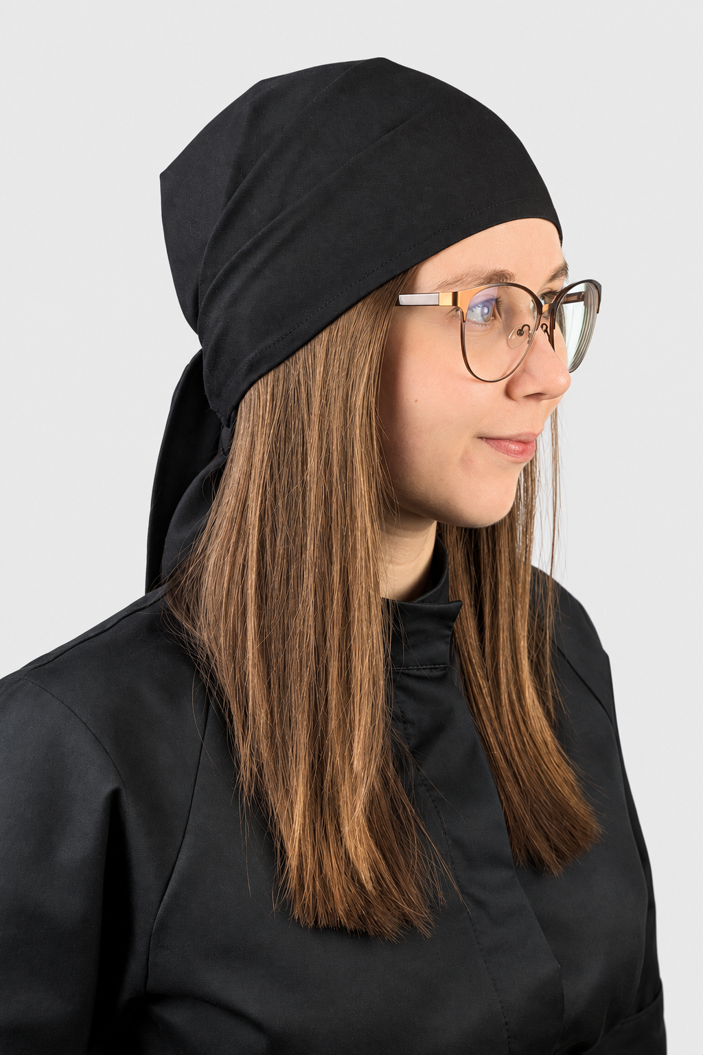 Black VSETEX elastic chef bandana worn by a model, three-quarter front view