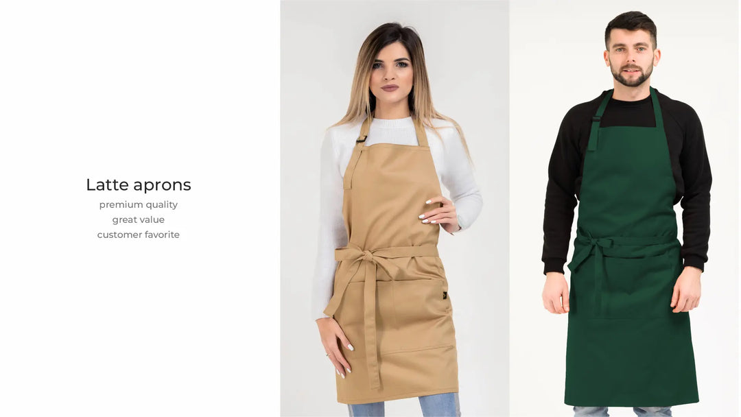 VSETEX beige and green aprons for hospitality staff