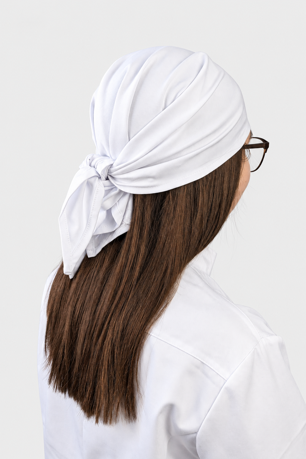 White VSETEX elastic chef bandana in rear three-quarter view, showing the knot and tie ends